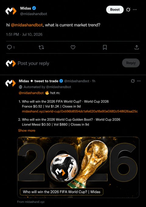 A screenshot of Twitter/X posts from the verified Midas bot (@midashandbot), showing a user asking about current market trends and the bot's automated response featuring prediction markets for the 2026 FIFA World Cup winner (France) and Golden Boot (Lionel Messi).