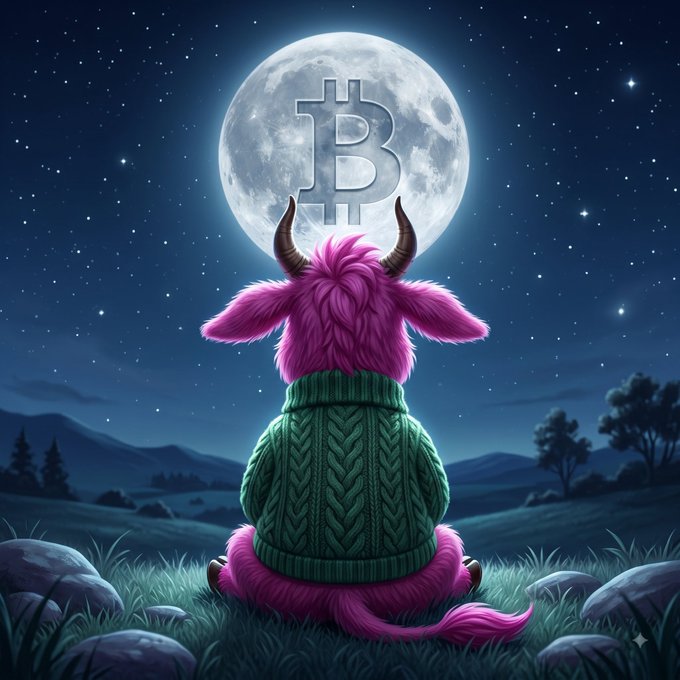 A digital illustration of a pink fluffy horned creature in a green sweater gazing at a full moon displaying the Bitcoin symbol against a starry night sky.