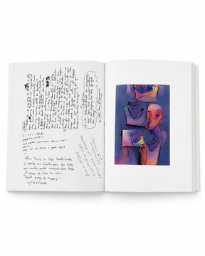 An open book displays handwritten notes on the left page and a colorful, abstract artistic illustration on the right page featuring stylized figures.