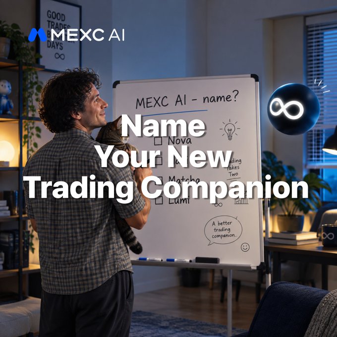 A promotional image for MEXC AI featuring a man holding a cat while looking at a whiteboard with name suggestions like 'Nova', 'Lumi', and 'Matcha', alongside the text 'Name Your New Trading Companion'.