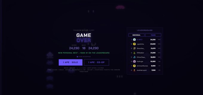Video game 'GAME OVER' screen showing 'TRANSMISSION LOST' with a score of 24,230 and a leaderboard with players like 'SPECT' and 'agatha'.