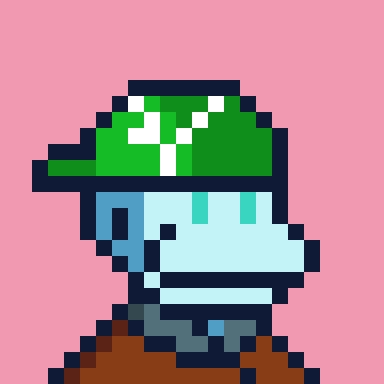 A pixel art character on a pink background, featuring a person with a green hat/cap, light blue skin, and an orange shirt.