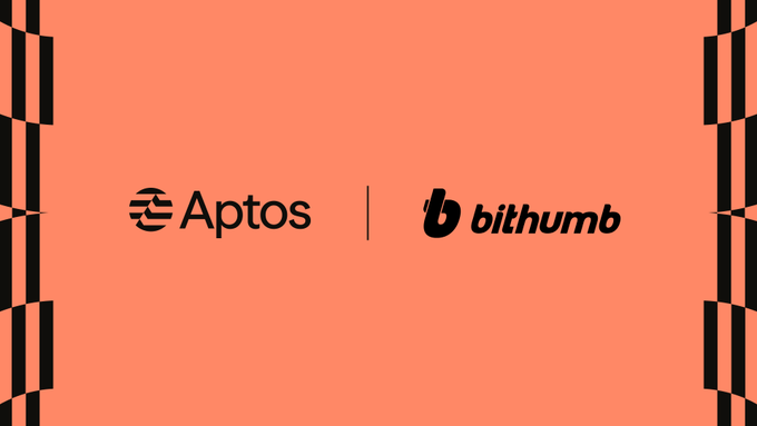 The image features an orange background with black decorative striped borders on both sides, displaying the Aptos logo alongside the Bithumb logo separated by a vertical line, visually promoting the new APT staking partnership on Bithumb exchange.
