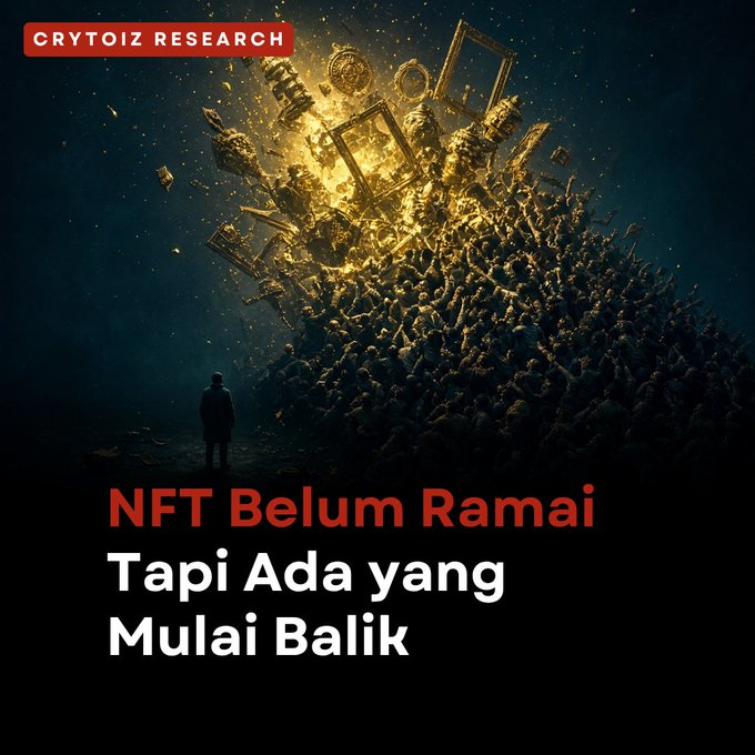 An article graphic from 'CRYTOIZ RESEARCH' showing a figure looking at a pile of people from which glowing picture frames are exploding, with the text 'NFT Belum Ramai Tapi Ada yang Mulai Balik'.