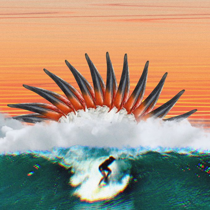 A surfer rides a wave beneath a large spiky sea urchin-like creature emerging from the water against an orange striped sky.