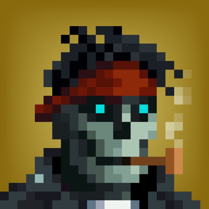 A pixel art image depicts a hooded figure with glowing blue eyes smoking a cigarette, rendered in a blocky retro style against a yellow background.