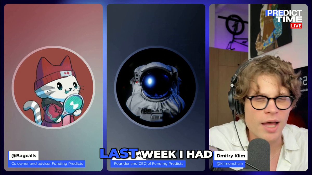 A three-panel split-screen from "PREDICT TIME LIVE" shows cartoon avatars (@Bagcalls and "Last Agent") alongside host Dmitry Klim (@klimonchain) wearing headphones, with the text "LAST WEEK I HAD" displayed across the bottom. The image relates to the post by illustrating a video conversation, with the avatars representing the co-owner and CEO of Funding Predicts being interviewed by Klim about prediction markets.