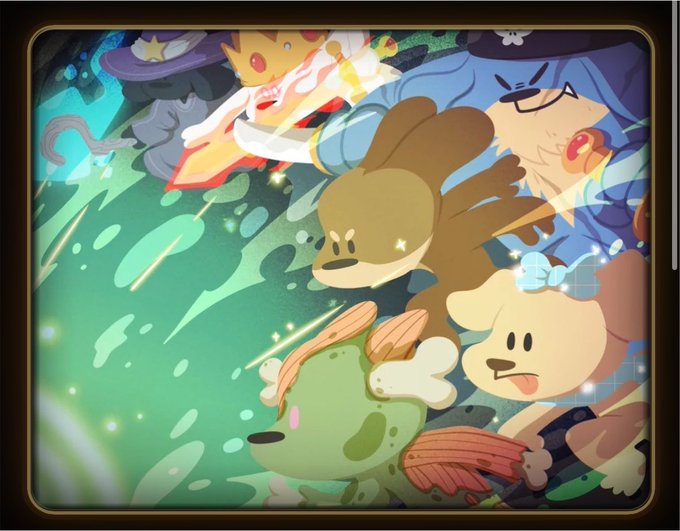 An animated illustration featuring various characters including what appears to be a witch, a rabbit-like creature, and other fantasy figures in a green mystical setting.