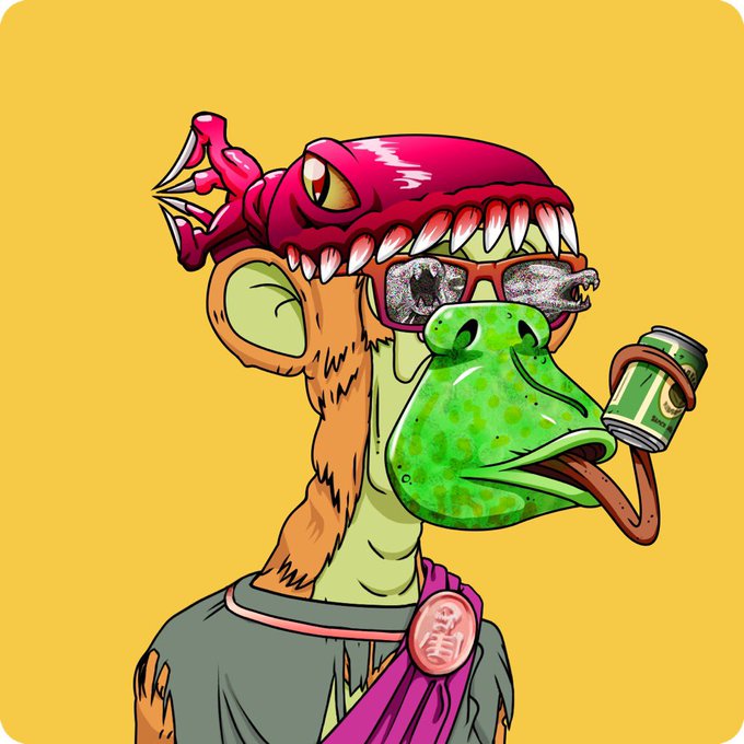 A colorful cartoon illustration of a hybrid creature with a monkey-like body wearing a pink dinosaur hat, sunglasses, and holding a green soda can.