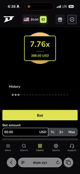 A mobile screenshot of the DOPE.xyz casino site on `dope.xyz` shows a betting interface with a `50.00 USD` stake and a prominent `7.76x` multiplier labeled `388.00 USD`, plus a yellow `Bet` button. It supports the accompanying claim of turning `$50` into `$500` by winning on the platform.
