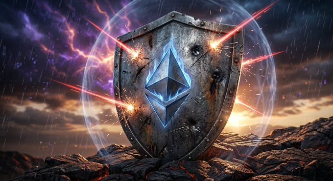 The image features an old, rusted shield with a blue gemstone at its center, surrounded by red and purple lights that appear to be coming from the top right corner of the frame. The background shows a rocky landscape under a cloudy sky, creating a dramatic atmosphere. The caption above the image reads "Focus on what is in the image and how it relates to the post".