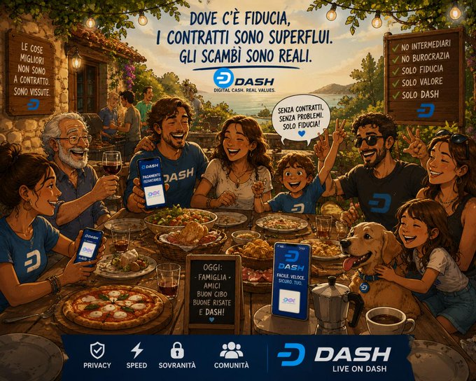 A promotional advertisement for 'DASH' cryptocurrency with Italian text ('DOVE C'È FIDUCIA, I CONTRATTI SONO SUPERFLUI. GLI SCAMBI SONO REALI.') depicting a happy family gathered around a dinner table holding smartphones showing the DASH app, with a dog, pizza, and banners listing features like 'NO INTERMEDIARI' and 'SOLO DASH'.