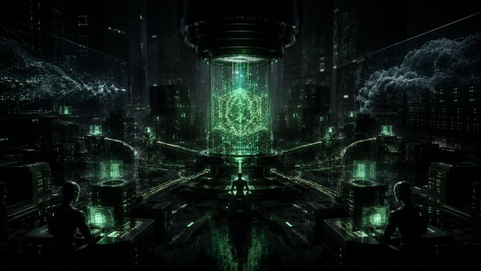 The image shows two people sitting at desks with computer monitors, surrounded by green screens that appear to be glowing. The scene takes place in an area filled with futuristic buildings and technology, giving off a futuristic vibe. The focus of the image seems to be on the concept of smart contracts rather than the visual elements within it.