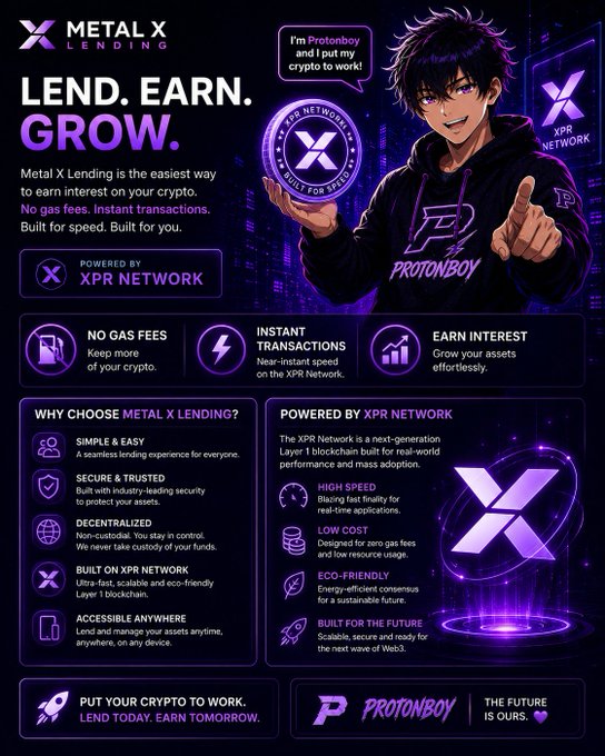 The image features a poster for Metal X lending, which promotes earning passive income through cryptocurrency trading. The poster includes a man dressed in a black hoodie holding up a coin with his hands, symbolizing the potential gains from investing in crypto. The text on the poster emphasizes that this is an opportunity to earn passive income without spending any money or time. It also mentions that the lending platform is powered by the XPR Network and offers features such as instant transactions, high speed, and low gas fees for users who want to invest their digital assets.