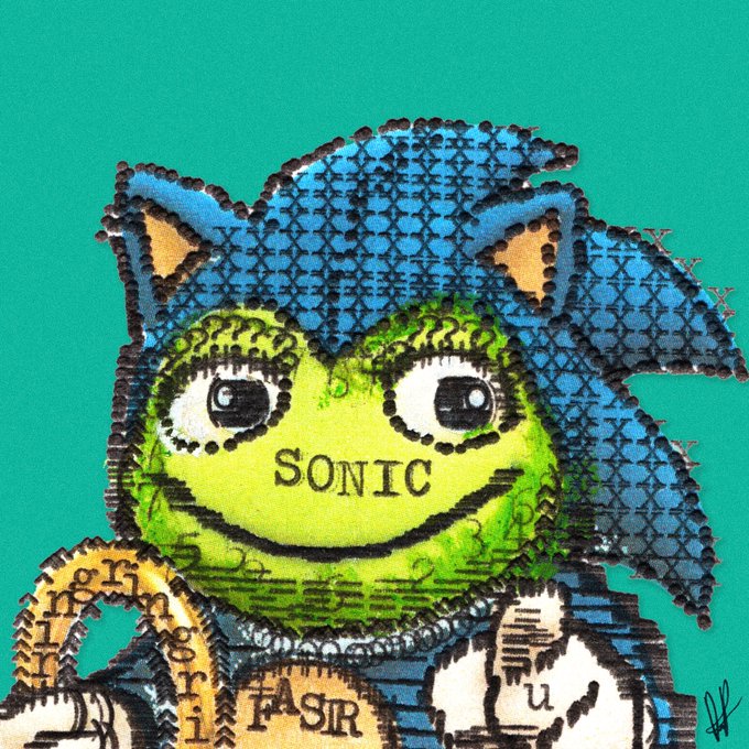 A pop art-style illustration of a character with Sonic the Hedgehog's spiky blue hair and a green face, with the word 'SONIC' on its cheek, against a teal background.