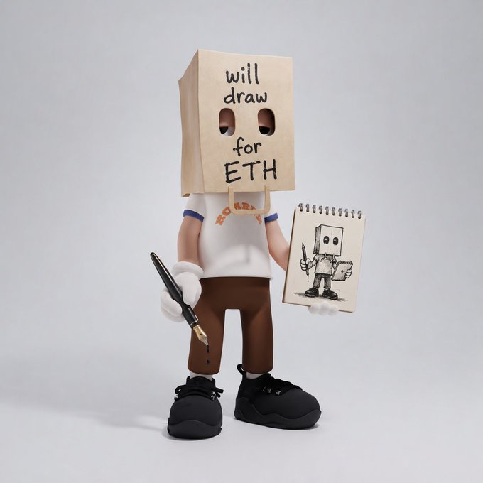 A small figurine wears a paper bag over its head with the handwritten text 'will draw for ETH', holding a fountain pen in one hand and a sketchbook showing a self-portrait in the other.