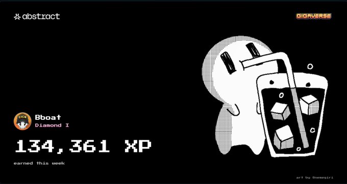 A digital graphic for 'abstract' showing user 'Bboat' at 'Diamond I' rank with '134,361 XP earned this week', alongside an illustration of a smiling ghost holding smartphones displaying 3D cubes.