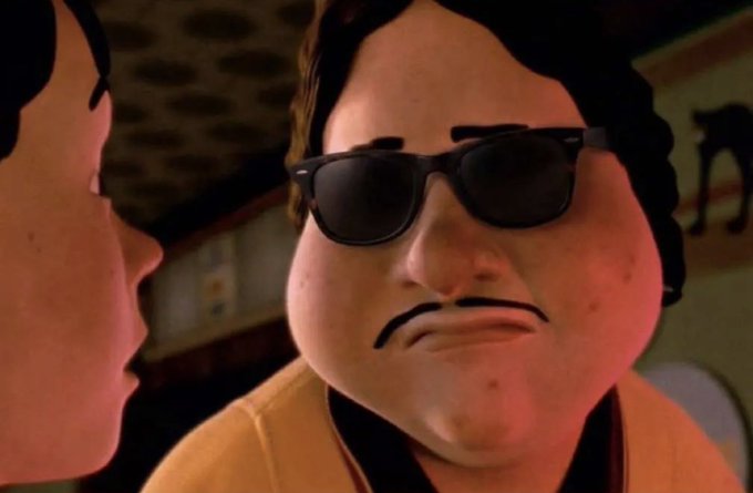 A close-up of an animated character wearing dark sunglasses with a slight frown, rendered in a 3D animated style.