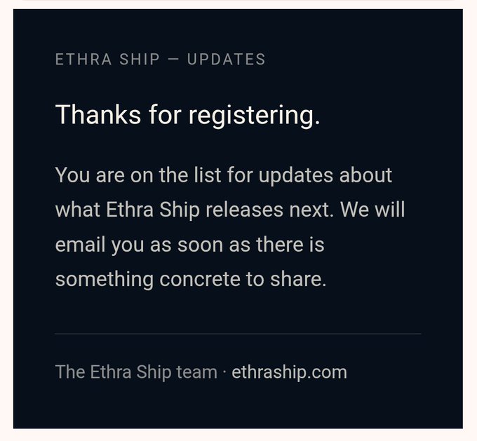 Ethra Ship confirmation email titled 'Thanks for registering,' informing the user they will receive updates from ethraship.com.