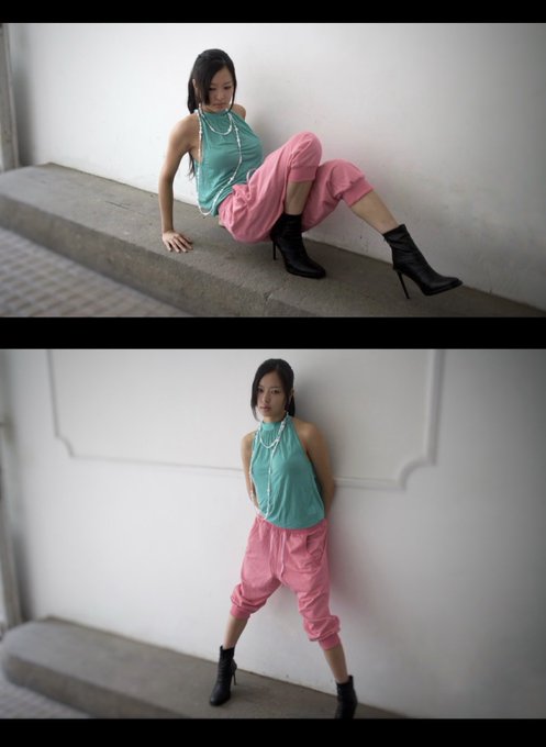 Two photos show a woman modeling a teal halter top and pink cropped pants; in the top image she sits on a ledge, and in the bottom she stands against a white wall.