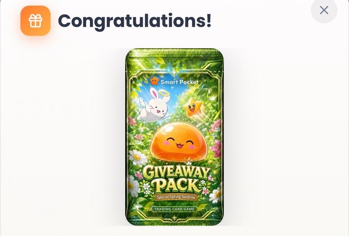 A promotional graphic announcing a giveaway with the text "Congratulations!" at the top displays a "GIVEAWAY PACK - Special Spring Surprise" trading card game pack featuring a smiling orange slime character alongside a white bunny and star, branded with "Smart Pocket." This visual celebrates an AirDrop contest requiring participants to follow @smapocke, like and repost the post, and turn on notifications by the July 30, 2026 deadline.