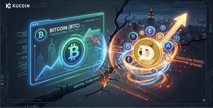 A KuCoin crypto market HUD graphic contrasts a "Bitcoin (BTC)" panel marked "Consolidating/Stalling" near $63,700 with a glowing Dogecoin (DOGE) token labeled "Spiking" amid an "Altcoin Rally" and "Rotating Altcoin Momentum" arrow — visually illustrating how speculative capital is shifting from sideways BTC into surging altcoins like DOGE.