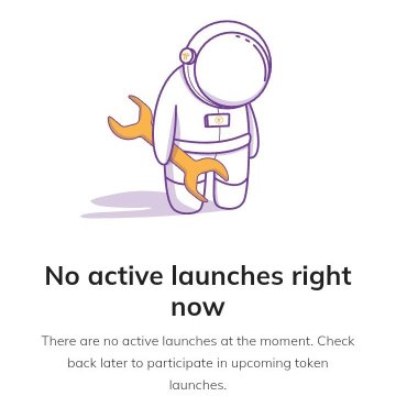 The image shows a cartoon depiction of an astronaut wearing a white spacesuit, holding a wrench in his hand. The caption below the image reads "No active launches right now" with a message about Pi2Day. This suggests that there are no active space missions or launchpad activities happening at the moment, and the astronaut is likely waiting for the upcoming Pi2Day event to participate in launching tokens.