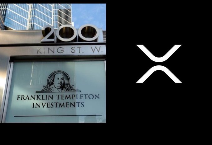 A composite image showing a sign for "Franklin Templeton Investments" at "200 King St. W." on the left, and the white XRP cryptocurrency logo on a black background on the right.