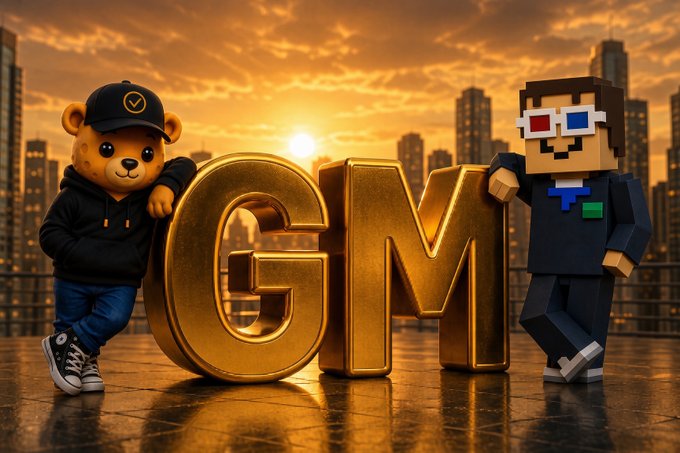 A 3D-rendered scene featuring a teddy bear in a black hoodie and a Minecraft-style character flanking large golden 'GM' letters against a city skyline at sunset.