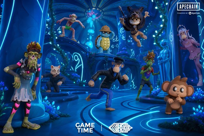 A vibrant promotional image for ApeChain (Powered by ApeCoin) featuring various NFT character avatars in a blue mystical setting, with 'GAME TIME' text at the bottom.