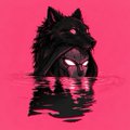 A stylized pink and black illustration of a wolf or dog head emerging from water.
