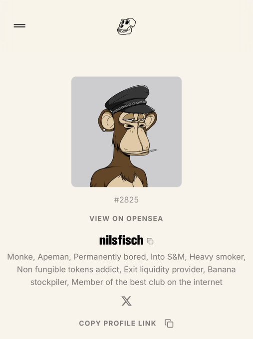 The screen shows an infographic with information about two cartoon monkeys. One monkey has a black hat, while the other does not wear one. The image also contains text that reads "View On OpenSea", which might be related to the content of the post or a description of the visuals on the image. Based on these details, it is likely that this infographic pertains to a social media post by someone named 'nilsfisch'.