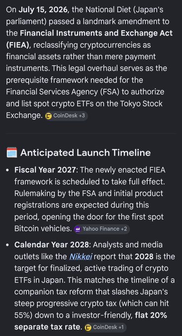The image details Japan's National Diet passing an amendment to the Financial Instruments and Exchange Act (FIEA) on July 15, 2026, which reclassifies cryptocurrencies as financial assets, setting the stage for spot crypto ETFs, with an anticipated launch timeline targeting Fiscal Year 2027 for rulemaking and Calendar Year 2028 for active trading, alongside a tax reform reducing crypto capital gains to a flat 20%.

This image relates to the post by providing the regulatory backdrop in Japan for spot crypto ETFs, which is relevant context for SHIB holders since the post highlights institutional interest and product preparation by major players choosing to offer SHIB ETFs.