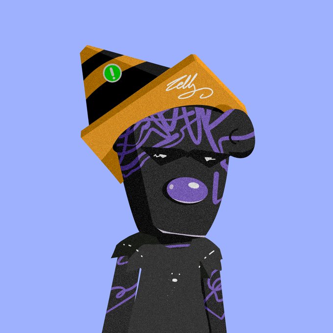 Stylized digital artwork of a dark-skinned character with purple tribal markings wearing an orange and black striped traffic cone hat with a green exclamation mark sticker, against a light purple background.