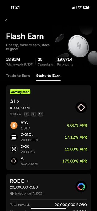 A screenshot of a mobile app called 'Flash Earn' showing cryptocurrency staking options with APR rates for BTC (6.01%), OKSOL (17.12%), OKB (12.00%), and AI (175.00%), with an 'AI' campaign starting in 3 hours, 38 minutes, and 10 seconds.