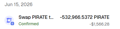 In this image, a screenshot captures a post with the date "Jun 15, 2026" at the top right corner of the screen, followed by two lines of text below that read "The END of an era Sold the last bit of PIRATE I had left! This was once over 300k USD and now sold for 1.5k". The image focuses on this message about selling a piece of an old Bitcoin transaction, which might have involved the sale of pirate coins or something similar.