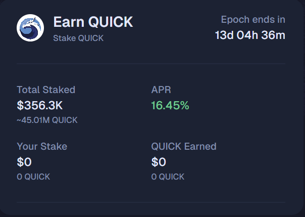 The screen displays a list of rewards provided by #QuickswapExchange, including earning Quickswap. The list includes Stake Quick, which has been replenished and is currently at $0.03. However, there are no immediate rewards associated with these transactions yet as the user needs to successfully complete their stake transactions first.