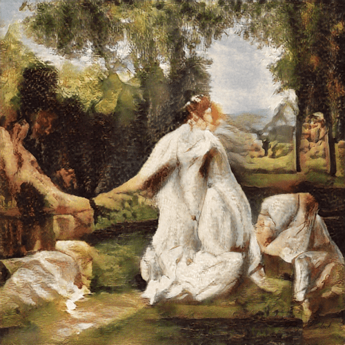 The image features a painting of two women dressed in white robes, one sitting and the other kneeling down by a river or pond. The woman sitting appears to be looking at her companion who is kneeling next to her. The painting is done in an impressionistic style with loose brushstrokes that give it a dreamy quality. The background includes trees and bushes, adding depth and context to the scene. The image also contains text that reads "Collected on Verse Secondary by @_dvnzy_ DeepBlack AI on Ethereum: verse.works/deepblack".