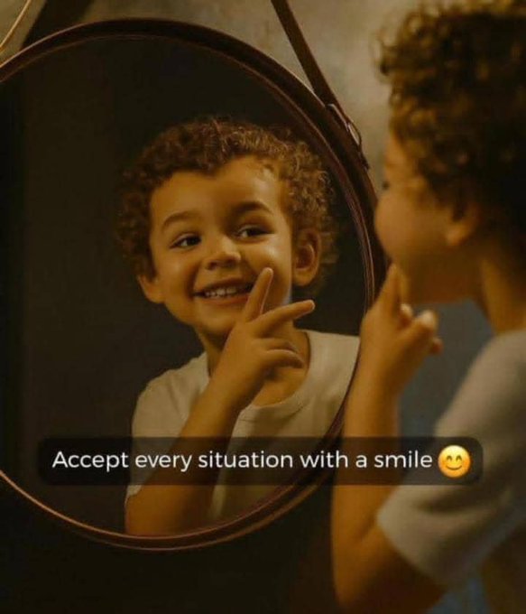 A young child with curly hair smiles at their reflection in a round mirror, with text overlay reading 'Accept every situation with a smile 😊'.