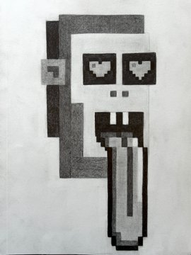 A pixel art style drawing in grayscale of a Minecraft Ghast character with heart-shaped eyes and a tongue sticking out.