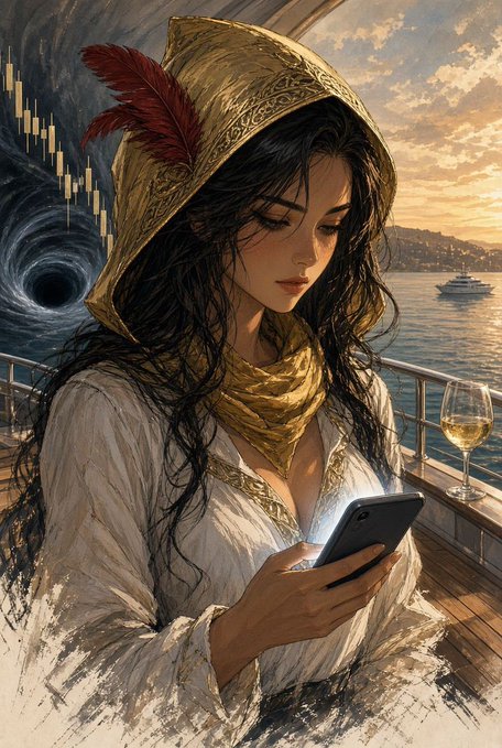A digital illustration of a woman wearing a gold hood with a red feather, looking down at a glowing smartphone while holding a glass of white wine on a boat deck, with a stylized financial candlestick chart and dark vortex in the background.