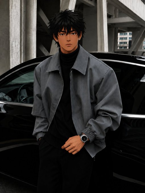 An anime-style illustration of a young man with messy dark hair, wearing a gray jacket over a black turtleneck, standing beside a black car.