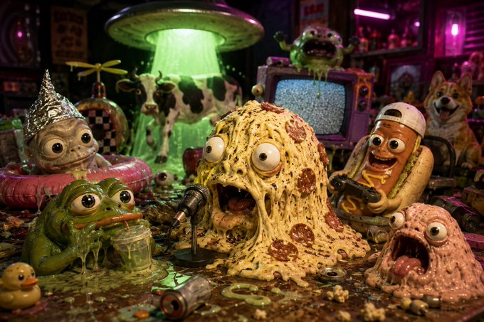 A surreal, messy diorama featuring grotesque, wide-eyed cartoon characters, including a pizza-like creature at a microphone, a frog, a hot dog, and another splattered character in a chaotic environment.