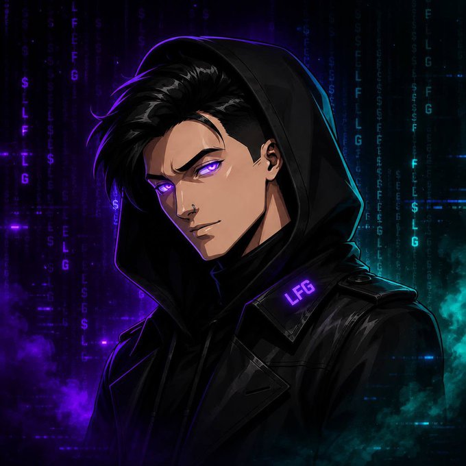 A dark, hooded anime-style character with glowing purple eyes stands against a neon Matrix-like code backdrop, wearing a jacket with a glowing "LFG" badge. The image visually reinforces the "LFG" ticker and high-energy call-to-action from the post, embodying the rallying, "let's go" hype just before the contract address drop.