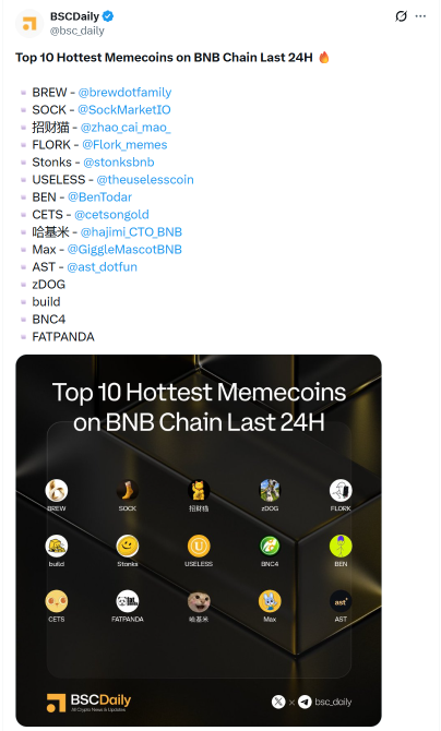 A screenshot from BSCDaily (@bsc_daily) displays the "Top 10 Hottest Memecoins on BNB Chain Last 24H," featuring tokens like BREW, SOCK, 招财猫, FLORK, Stonks, USELESS (@theuselesscoin), BEN, CETS, 哈基米, Max, AST, zDOG, build, BNC4, and FATPANDA. The accompanying post confirms that @theuselesscoin's USELESS token was featured on this list.