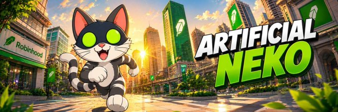 A cartoon black-and-white cat with glowing green eyes runs through a city plaza at sunset, with "Artificial Neko" in bold text and a "Robinhood" storefront visible in the background—visualizing the post's message of the $NEXO-driven ArtificialNeko narrative launching on Robinhood Chain, where AI meets internet culture.