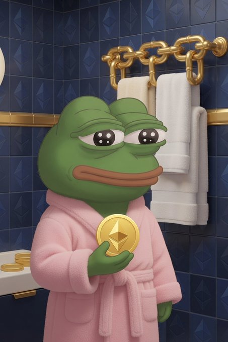 A 3D-rendered green Pepe the Frog character wearing a pink bathrobe and holding a gold Ethereum coin stands in a blue-tiled bathroom with white towels and a gold towel rack.
