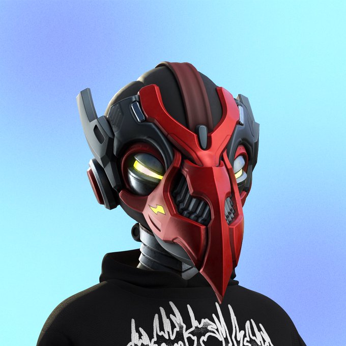A stylized 3D-rendered character wearing a red and black robotic helmet with glowing yellow eyes and gritted mechanical teeth, paired with a black shirt featuring white stylized text, greets the CT community with a striking, eye-catching visual against a blue gradient background.