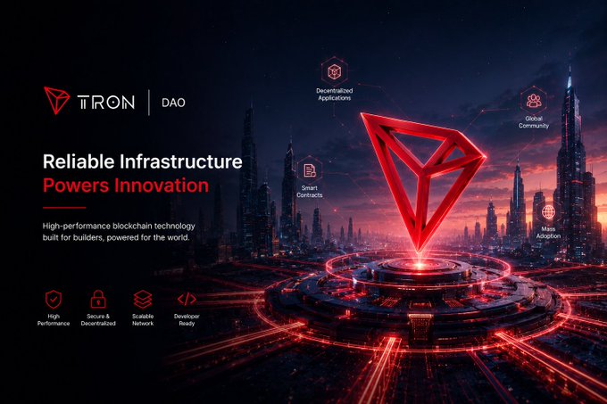 A promotional graphic for TRON DAO featuring the headline "Reliable Infrastructure Powers Innovation" alongside a glowing red TRON logo and futuristic cityscape, highlighting features like Decentralized Applications and Smart Contracts.
