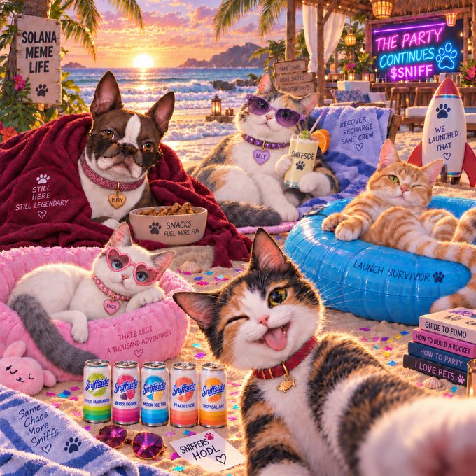 A vibrant beach scene shows several cats lounging on floats and blankets under a sunset, surrounded by signs and memes reading "SOLANA MEME LIFE," "THE PARTY CONTINUES $SNIFF," "STILL HERE STILL LEGENDARY," "SNACKS FUEL MORE FUN," "THREE LEGS A THOUSAND ADVENTURES," "SNIFFSIDE HODL," and "LAUNCH SURVIVOR."